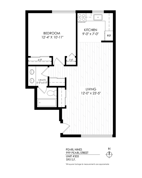 Floor plan for 1 bed, 1 bath, 595 sqft